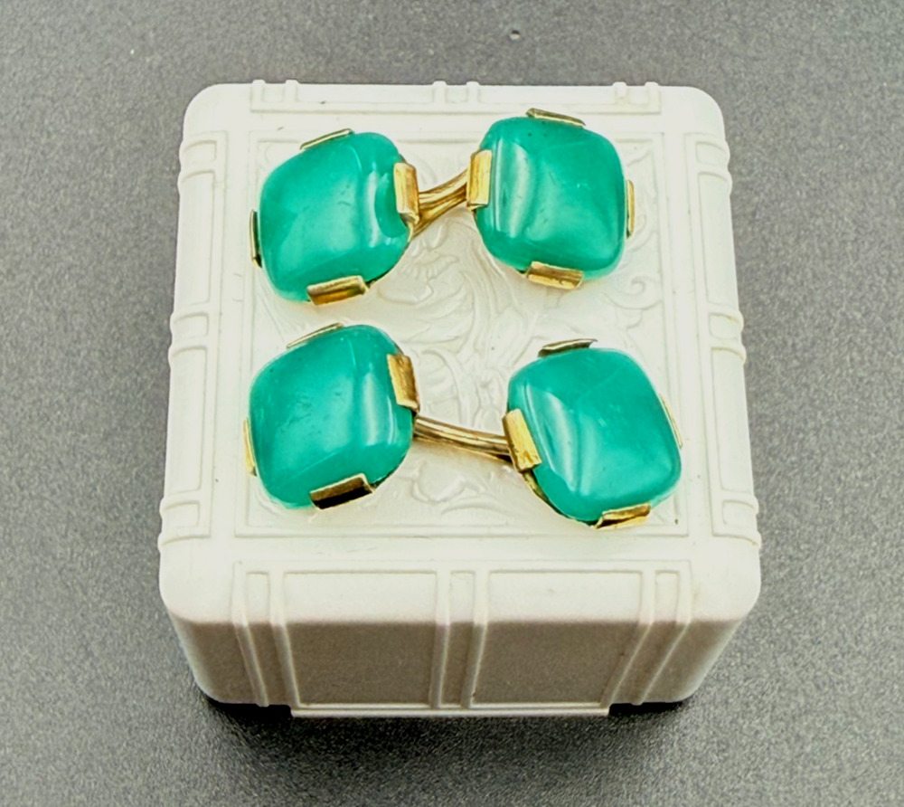 Vintage Green Chrysoprase Chalcedony Square Cabochon Cufflinks Gold Tone MCM Mod